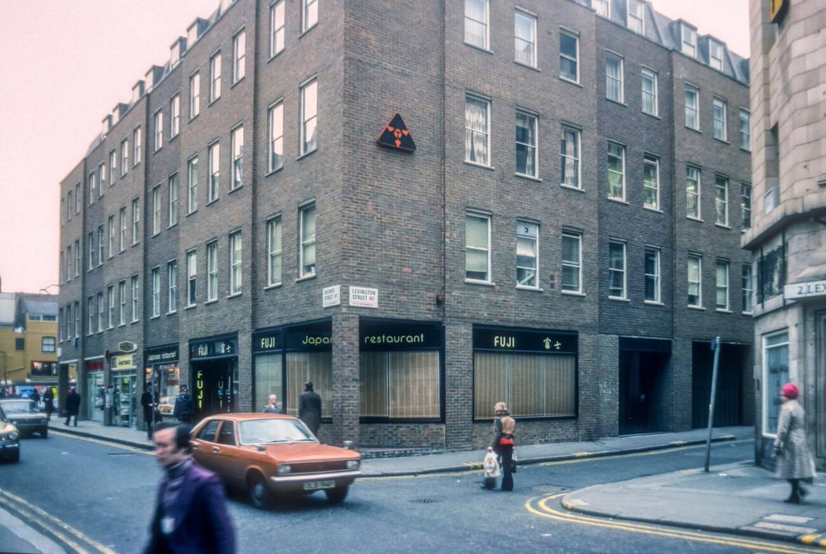 Fuji Japanese restaurant on the corner of Brewer Street and Lexington Street in Soho, 1976