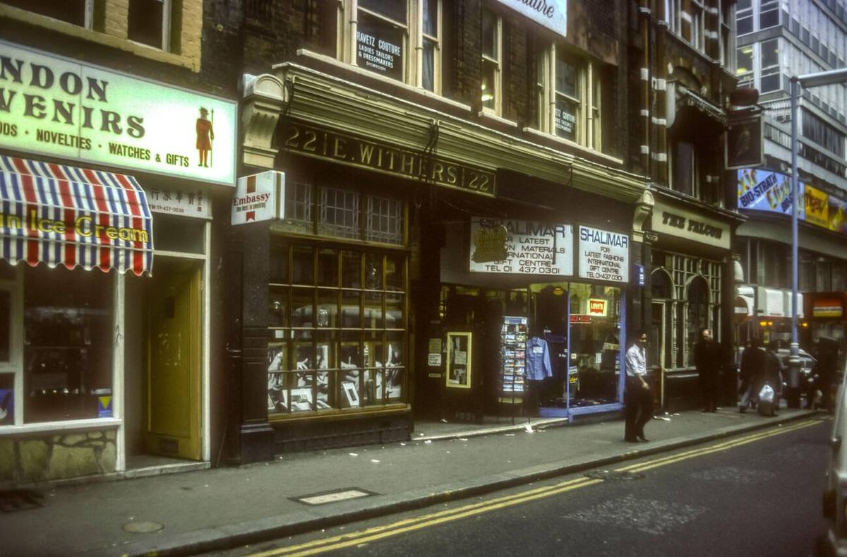 E. Withers violin makers and The Falcon public house in Wardour Street, 1976