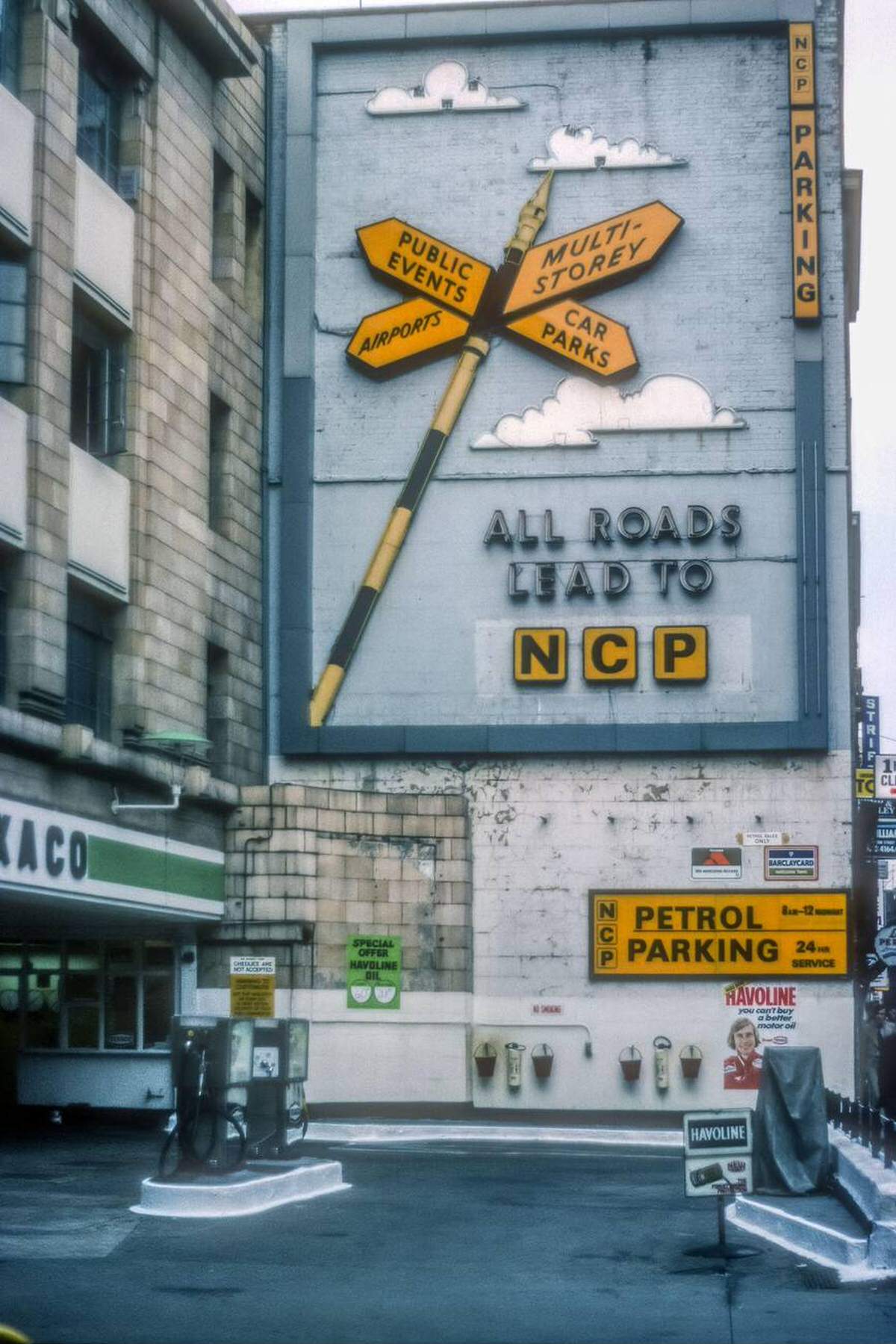 Sign at the NCP Piccadilly Circus car park in Brewer Street, 1976