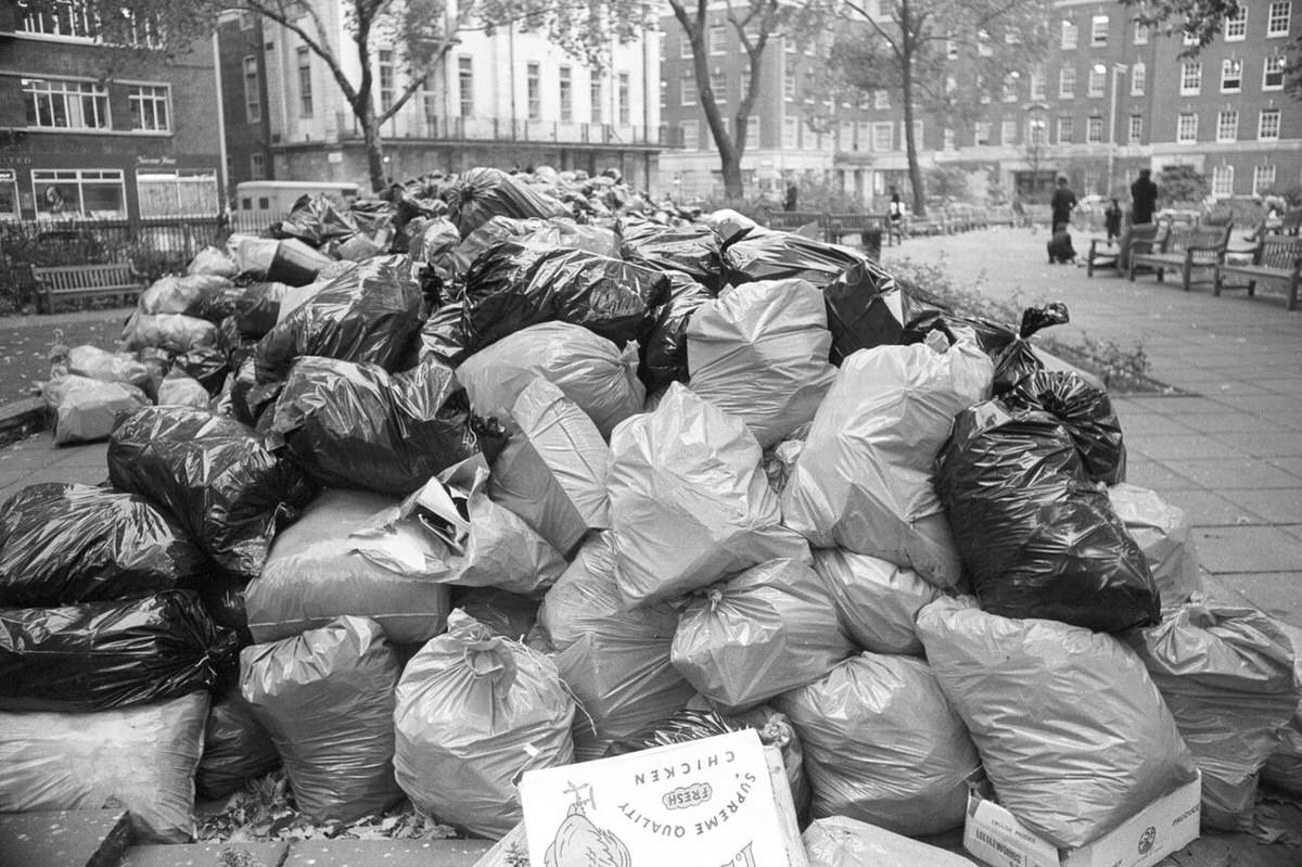Rubbish bags in Soho Square during a council workers' strike, 1970