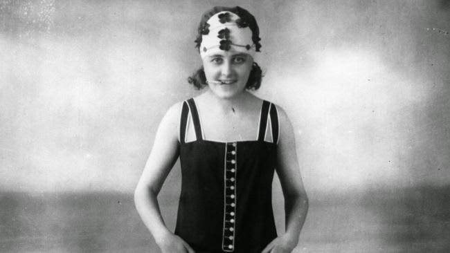 Model wearing a bathing dress in England, 1926