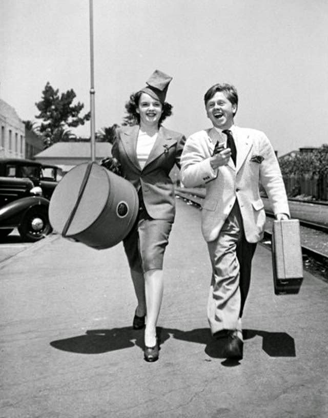 Judy Garland and Mickey Rooney at a Pasadena train station for a promotional tour, The Wizard of Oz, 1939