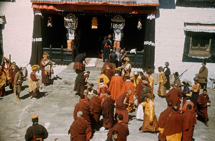 Monks and nobles prepare for the arrival of the Dalai Lama at Dungkhar Monastery, in Chumbi. Each place the god-king slept on his trek immediately became a consecrated chapel, where no mortal man may ever again dwell.