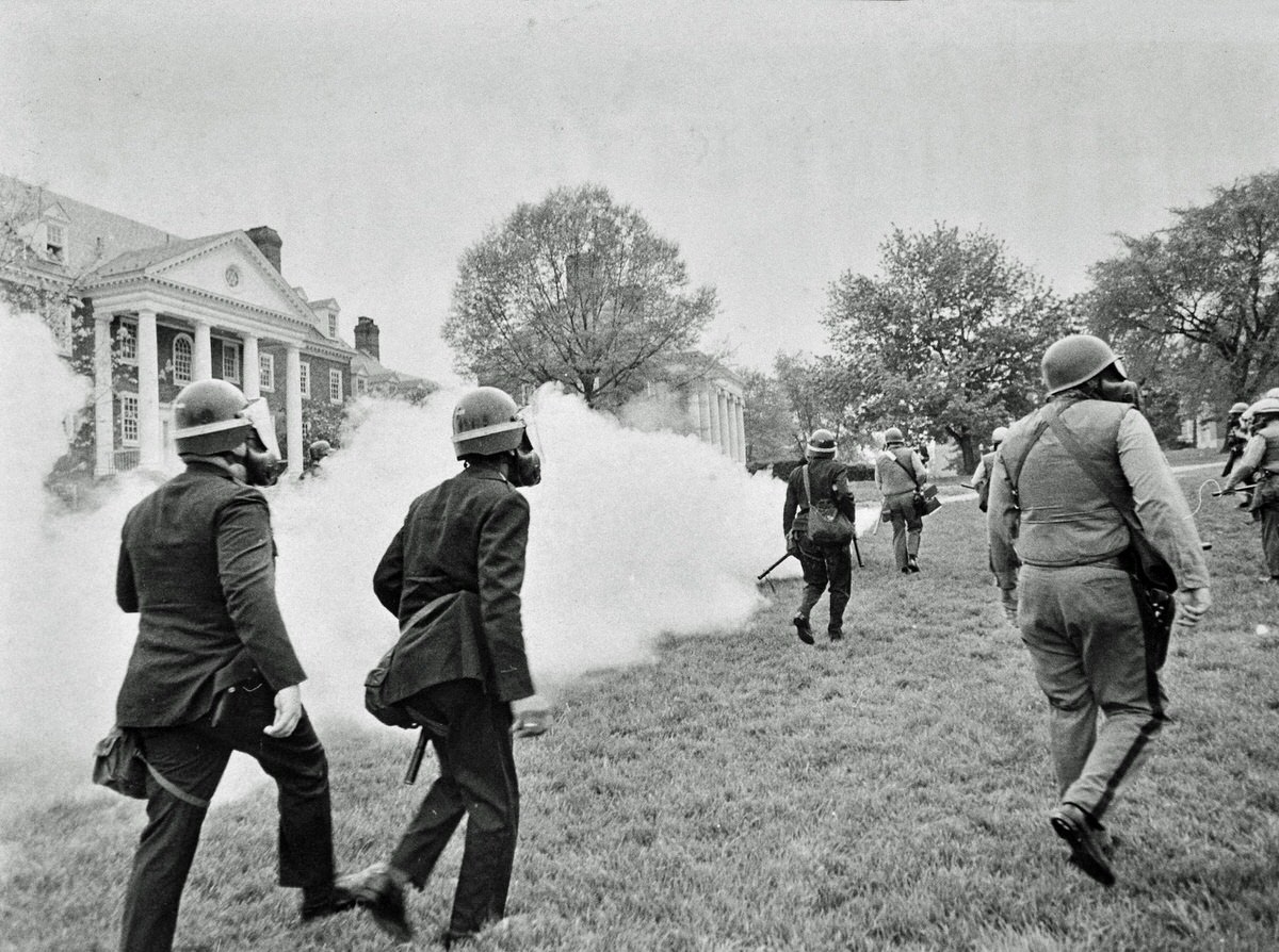 Police use pepper fogger on the University of Maryland campus May 1, 1970 as they attempt to break up a demonstration against the expansion of the Vietnam War into Cambodia.