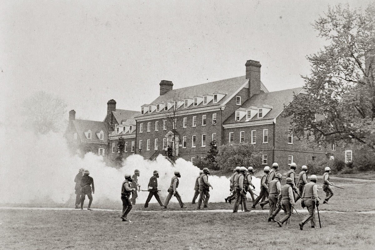 State police using a pepper fogger and tear gas canisters move past Cecil Hall on the University of Maryland campus May 1, 1970 attempting to disperse students protesting President Nixon’s expansion of the Vietnam War into Cambodia.