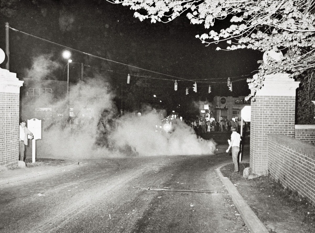 Police use tear gas to clear University of Maryland students from U.S. Route 1 near Regents Drive May 1, 1970. The demonstration began protesting President Nixon’s expansion of the Vietnam War by invading Cambodia.