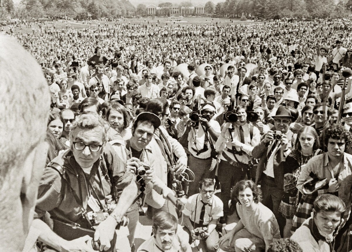 Maryland State National Guard commander Adj. Gen. Edwin Warfield addresses an antiwar rally on the University of Maryland campus mall on May 5, 1970.