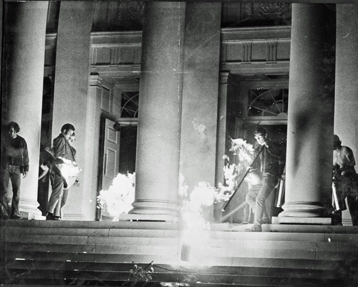 A group of students led by physics professor Edgar F. Beall entered the University of Maryland Main Administration Building to extinguish a fire set by protesters in the lobby on May 14, 1970.