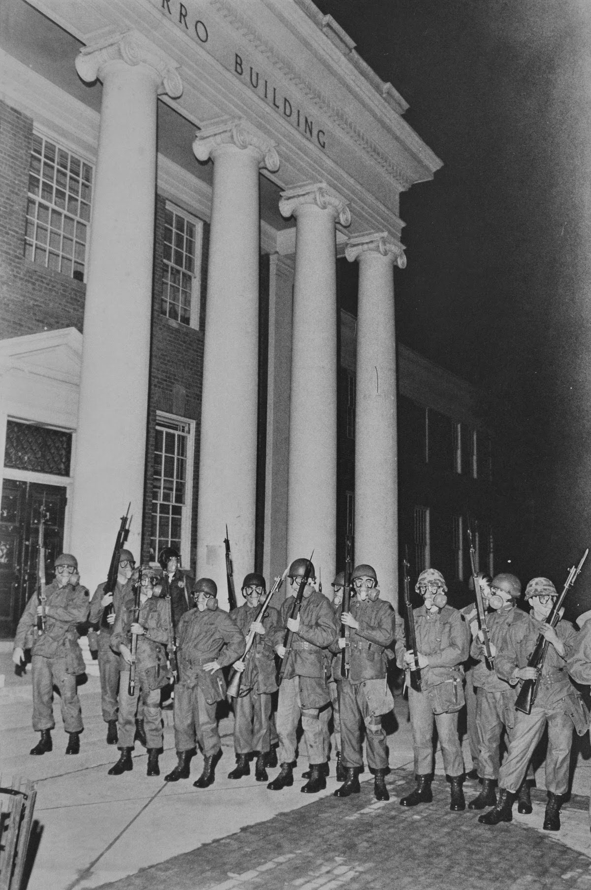 The Maryland National Guard utilizing fixed bayonets take up a position outside of Taliaferro Hall at the University of Maryland in May 1970.