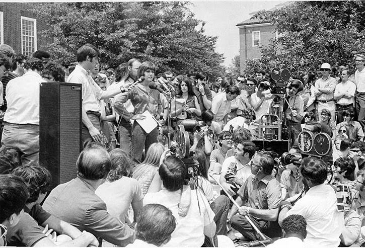 Actress and antiwar activist Jane Fonda speaks to a rally on the University of Maryland mall May 22, 1970.