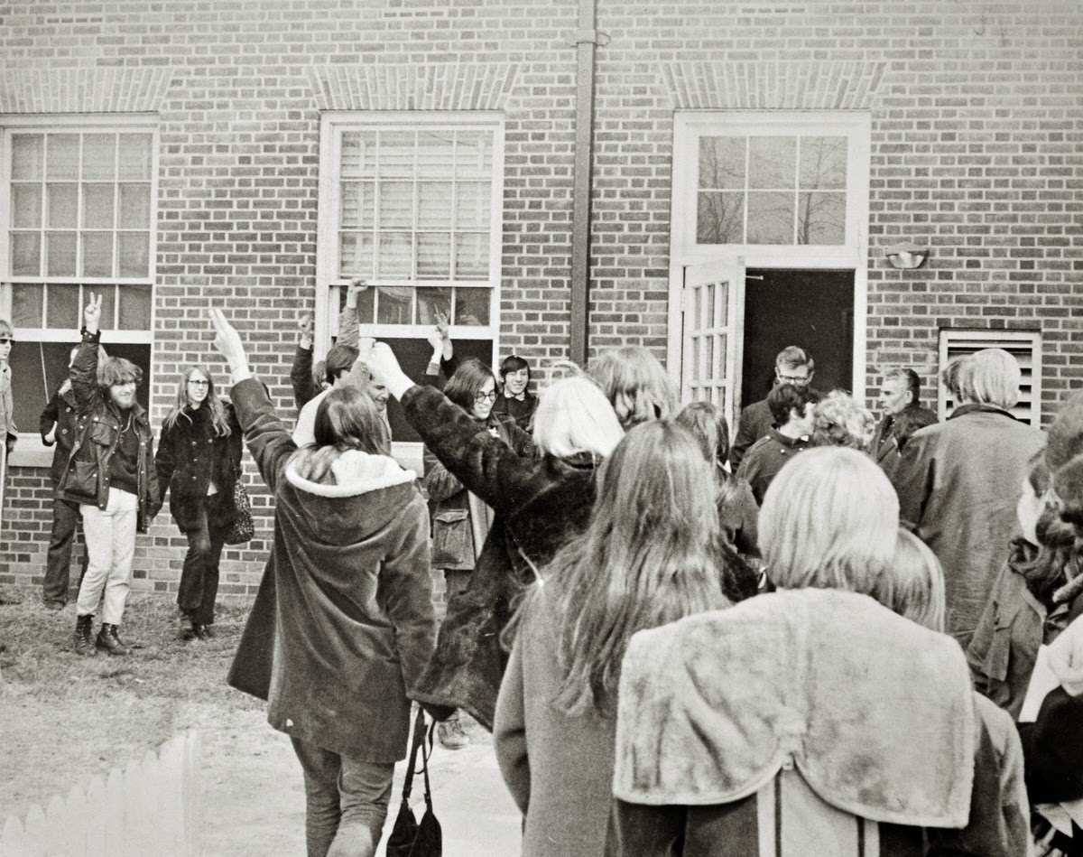 University of Maryland students greet those released on bail at the Hyattsville courthouse March 24, 1970 following a sit-in on campus protesting faculty tenure policies.