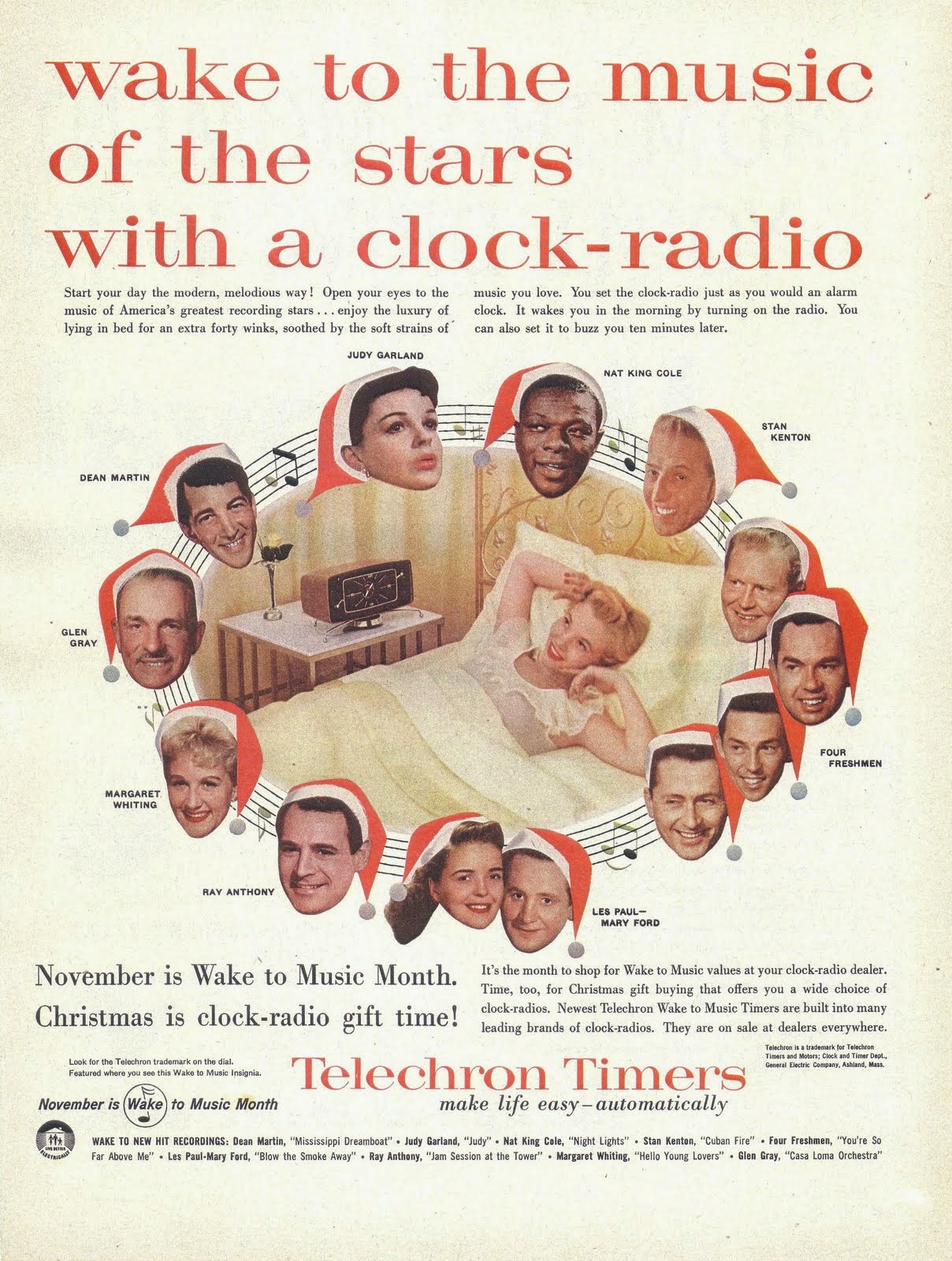 Nat King Cole, Stan Kenton, The Four Freshmen, Les Paul and Mary Ford, Ray Anthony, Margaret Whiting, Glen Gray, Dean Martin, and Judy Garland for Telechron Timers