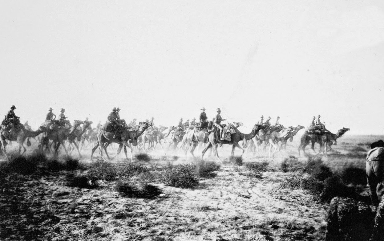 Australian Camel Corps going into action at Sharia near Beersheba, 1917