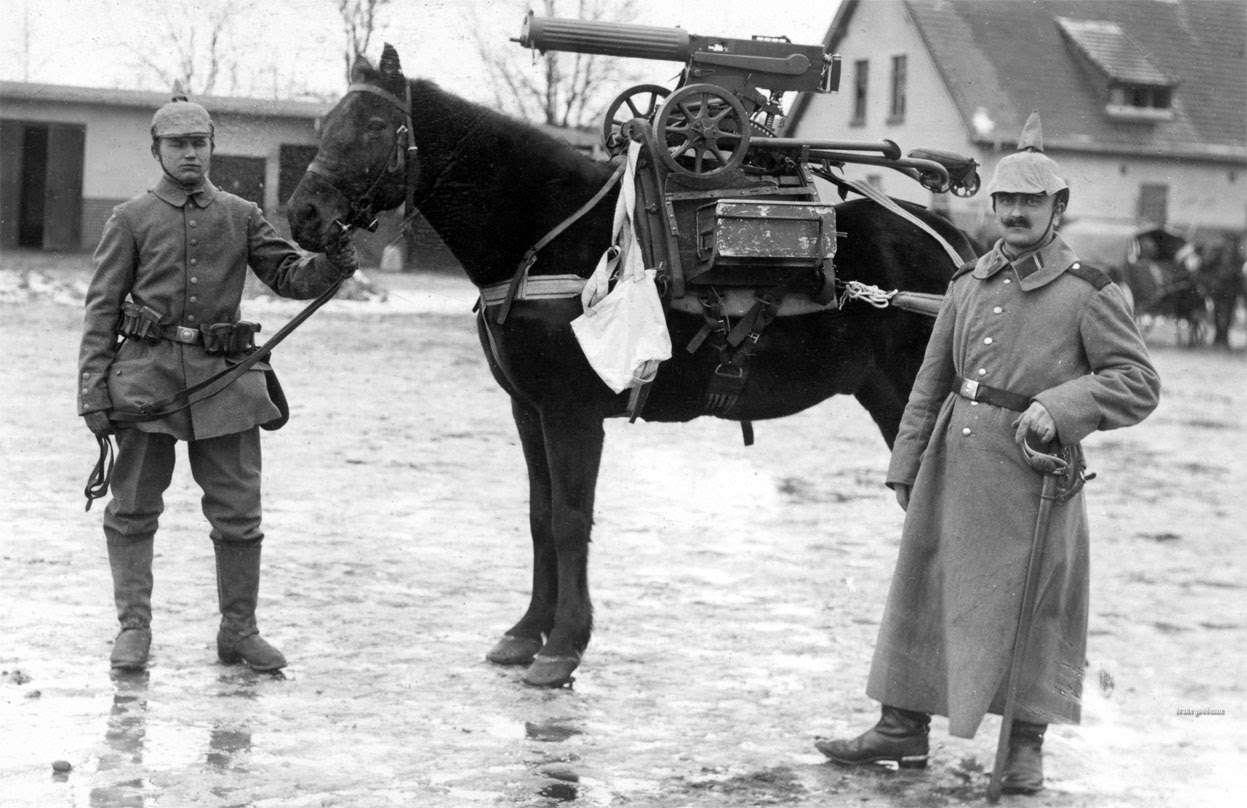 German soldiers with a horse mounted with a frame for a captured Russian Maxim M1910 machine gun, 1914