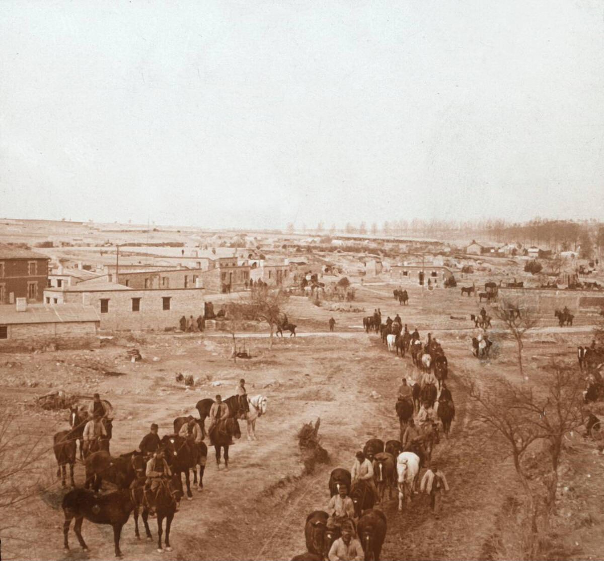 Mounted soldiers in Somme-Tourbe, France, 1914