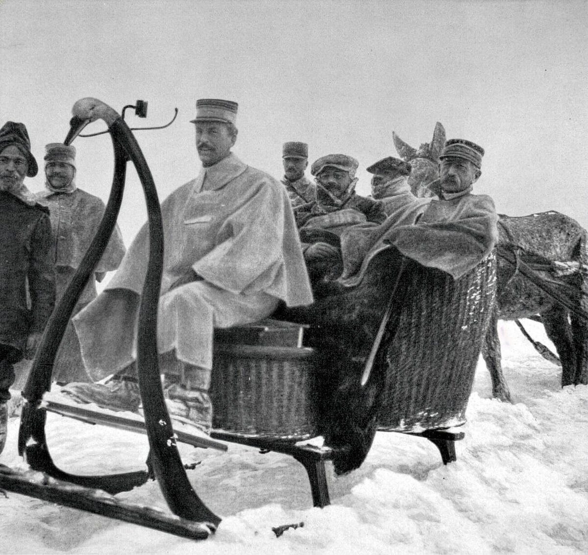 War Minister Millerand and General Gabriel Putz using a sleigh in the Vosges, 1915