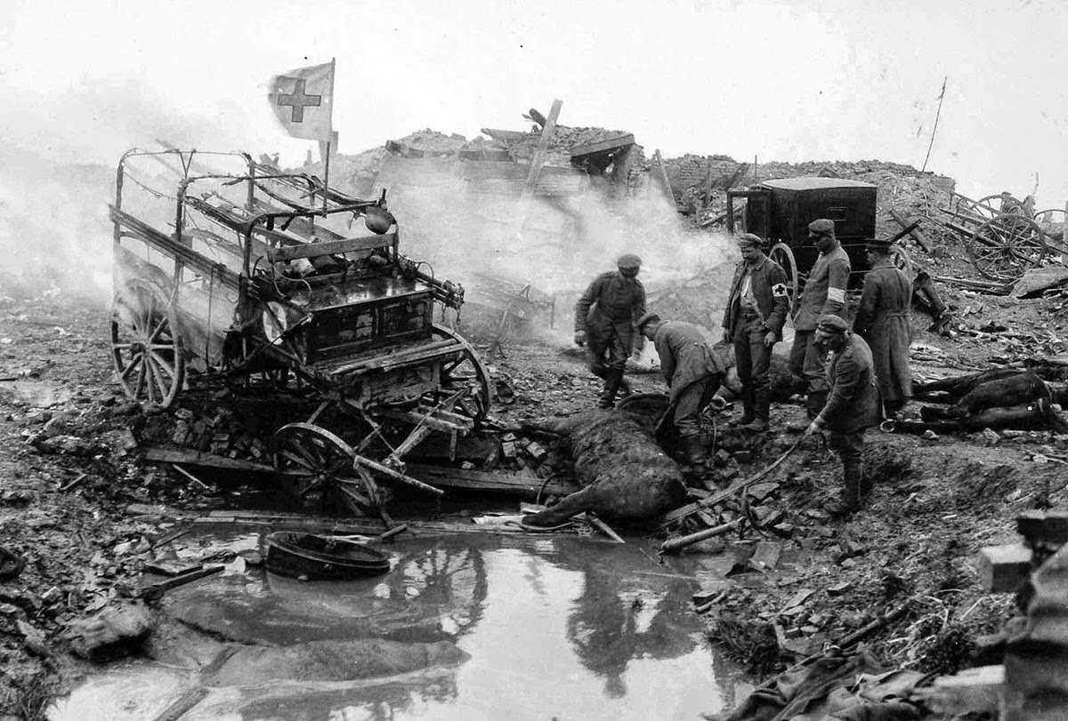 Effect of enemy artillery fire upon German ambulances in Kemmel, West Flanders, 1918