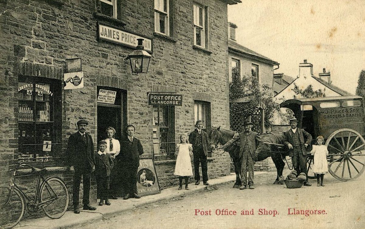 Postcard of the Llangorse post office and shop owned by James Price, 1910