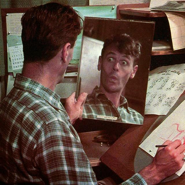 Hilarious Behind-the-Scenes Pictures of The Walt Disney Company Animators Practicing Expressions in Front of Mirrors