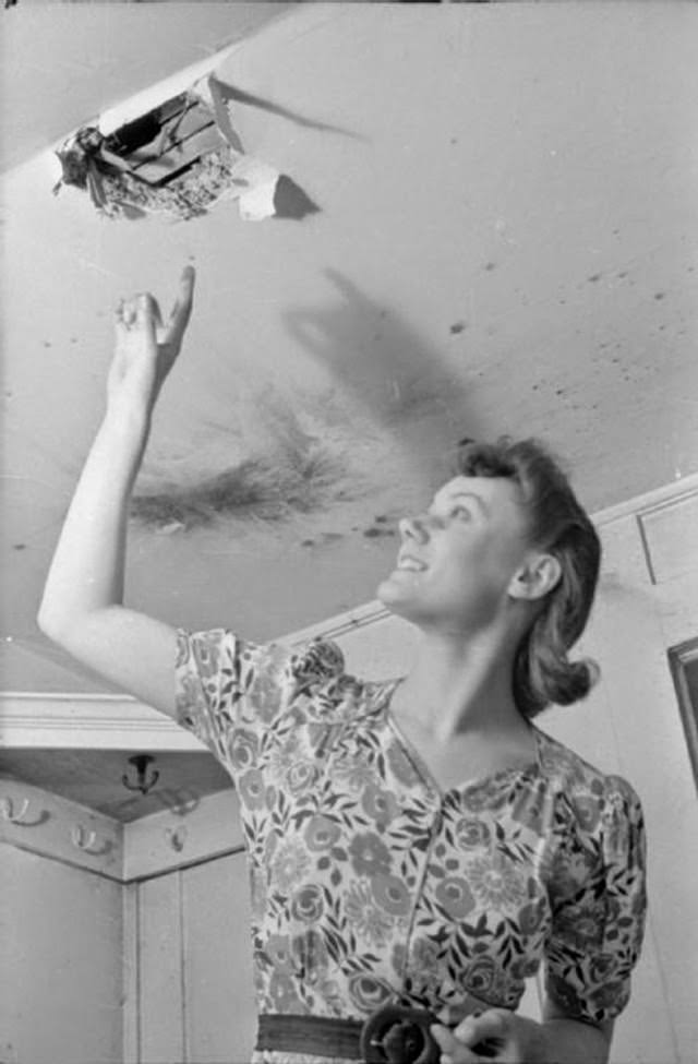 Mrs Day points to a hole in the ceiling where a fire bomb recently came through into her South Kensington home. Scorch marks can be seen on the ceiling next to the hole.