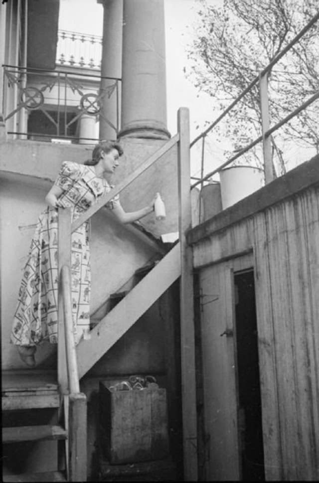 Mrs Day collects the milk and newspapers from the top of the steps leading down to the basement of her South Kensington home. The buckets that can be seen on the street at the top of the steps contain sand and water and are provided in case of fire bombs.