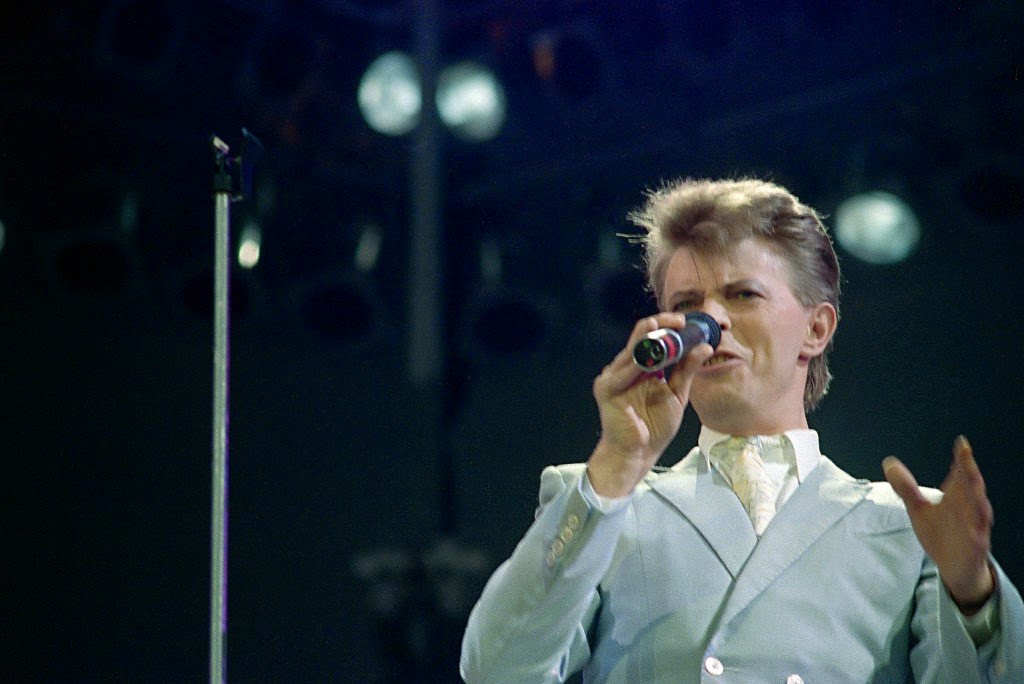David Bowie performing at the Live Aid famine relief concert at Wembley Stadium, 1985