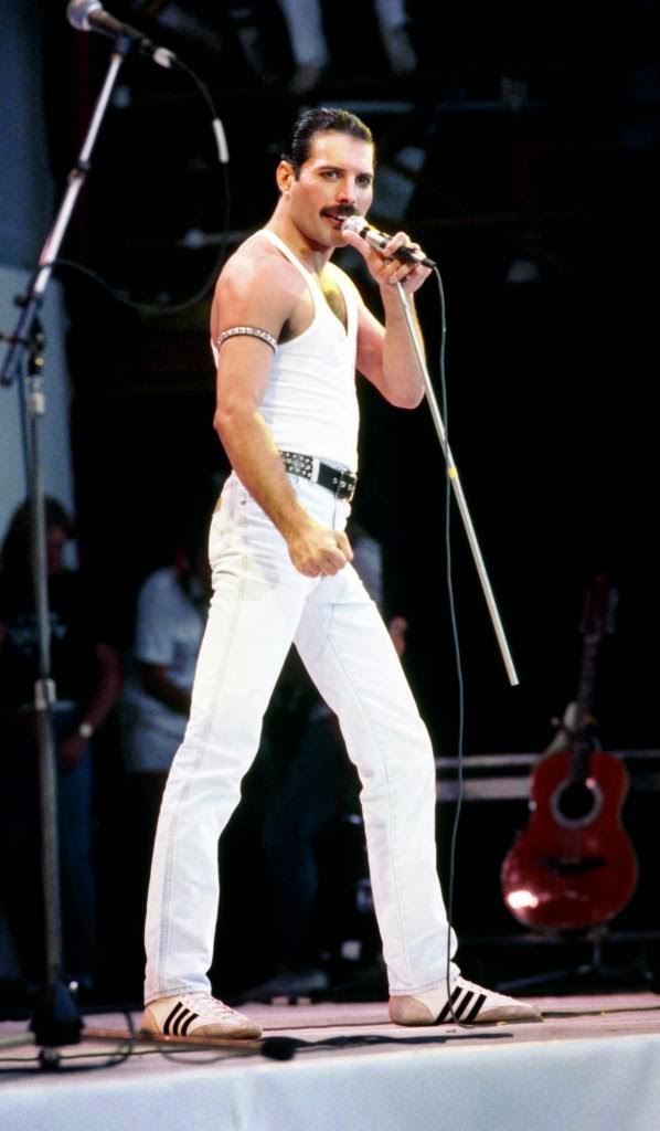 Freddie Mercury of Queen on stage during Live Aid, 1985