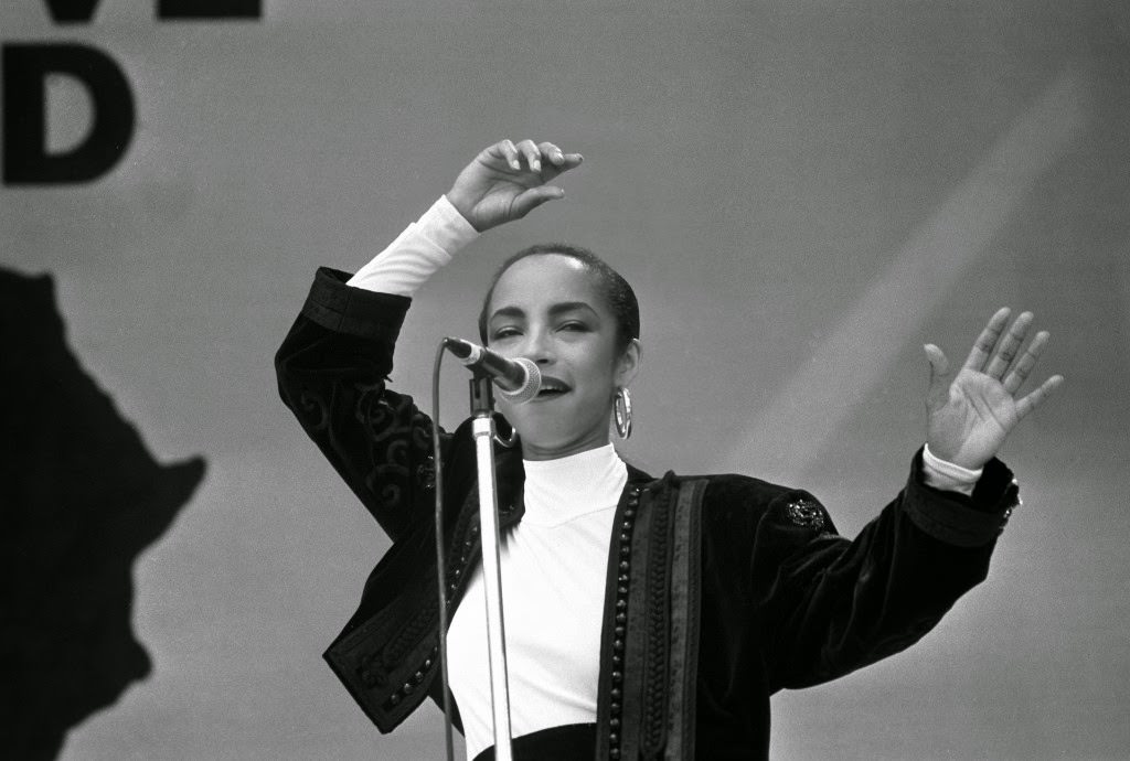 Sade performing on stage at Live Aid, 1985