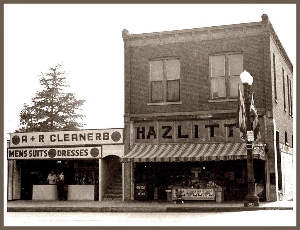 Hazlitt Market and A&R Cleaners on Greenleaf Avenue in Whittier, 1920s