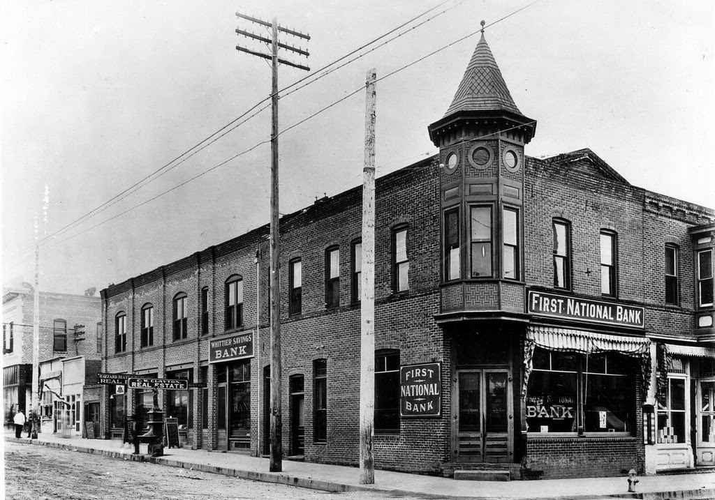 First National Bank at the corner of Greenleaf and Philadelphia in Whittier, 1907