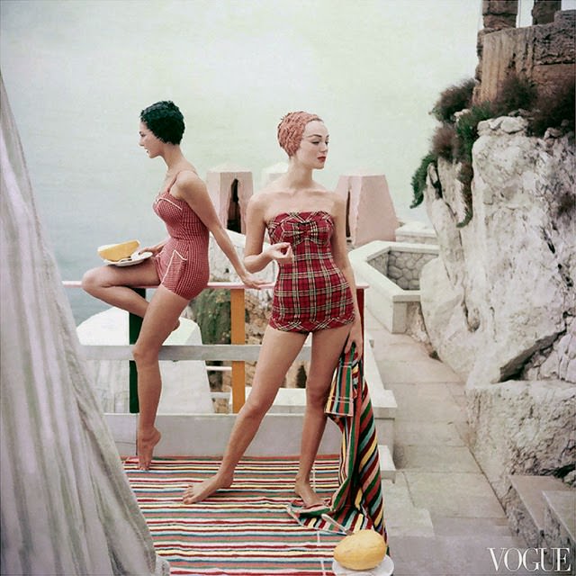 Fiona Campbell-Walter and Ivy Nicholson in a bathing suit fashion shoot in Palermo, Sicily, 1955