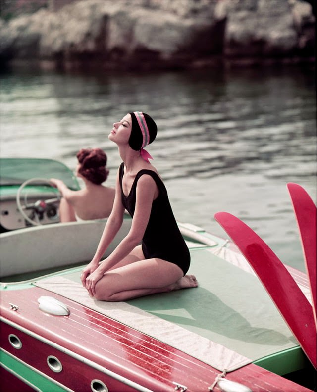 Barbara Mullen and Marie Helene on the Riva at Cap d’Antibes Eden Roc, 1957