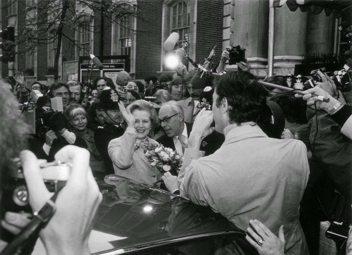 Margaret Thatcher arriving to cast her vote in the general election, 1979
