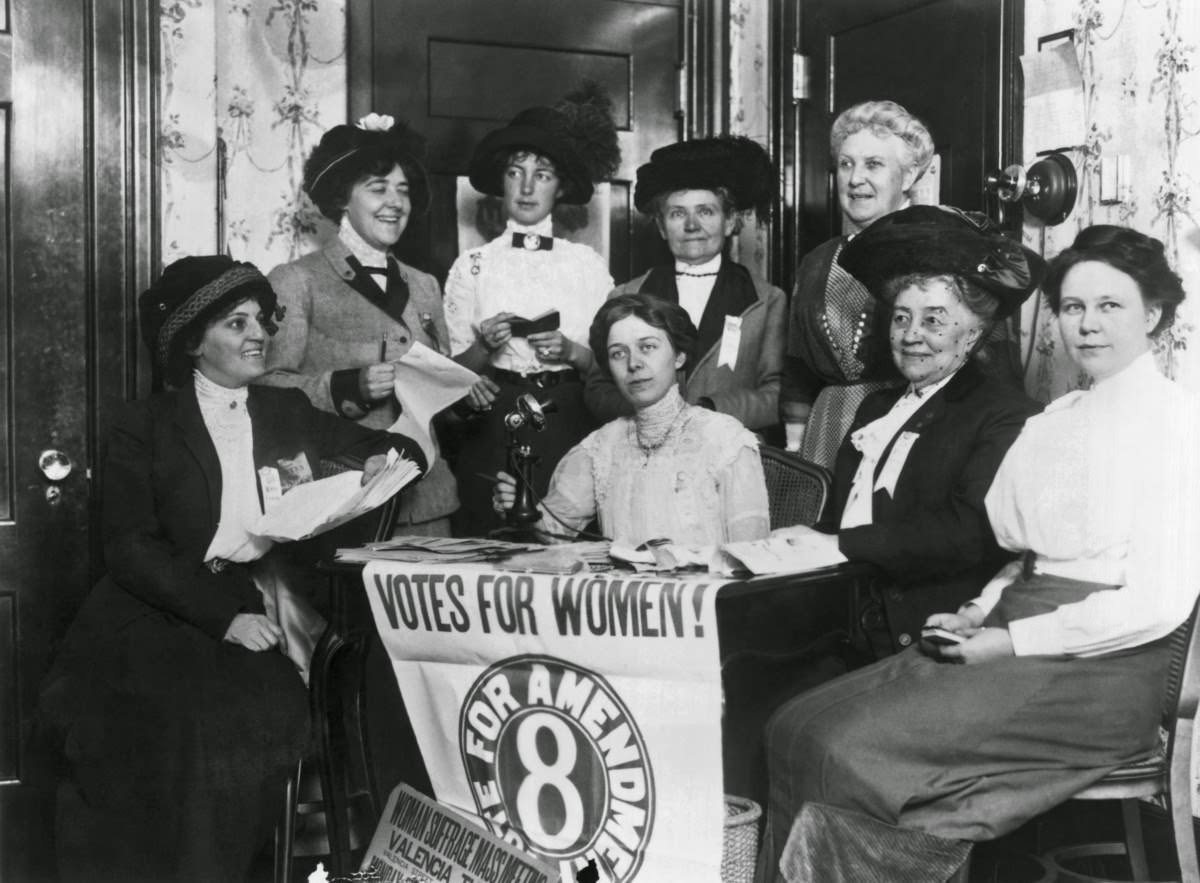 Women assembling in San Francisco to secure passage of a California state amendment for women's suffrage.