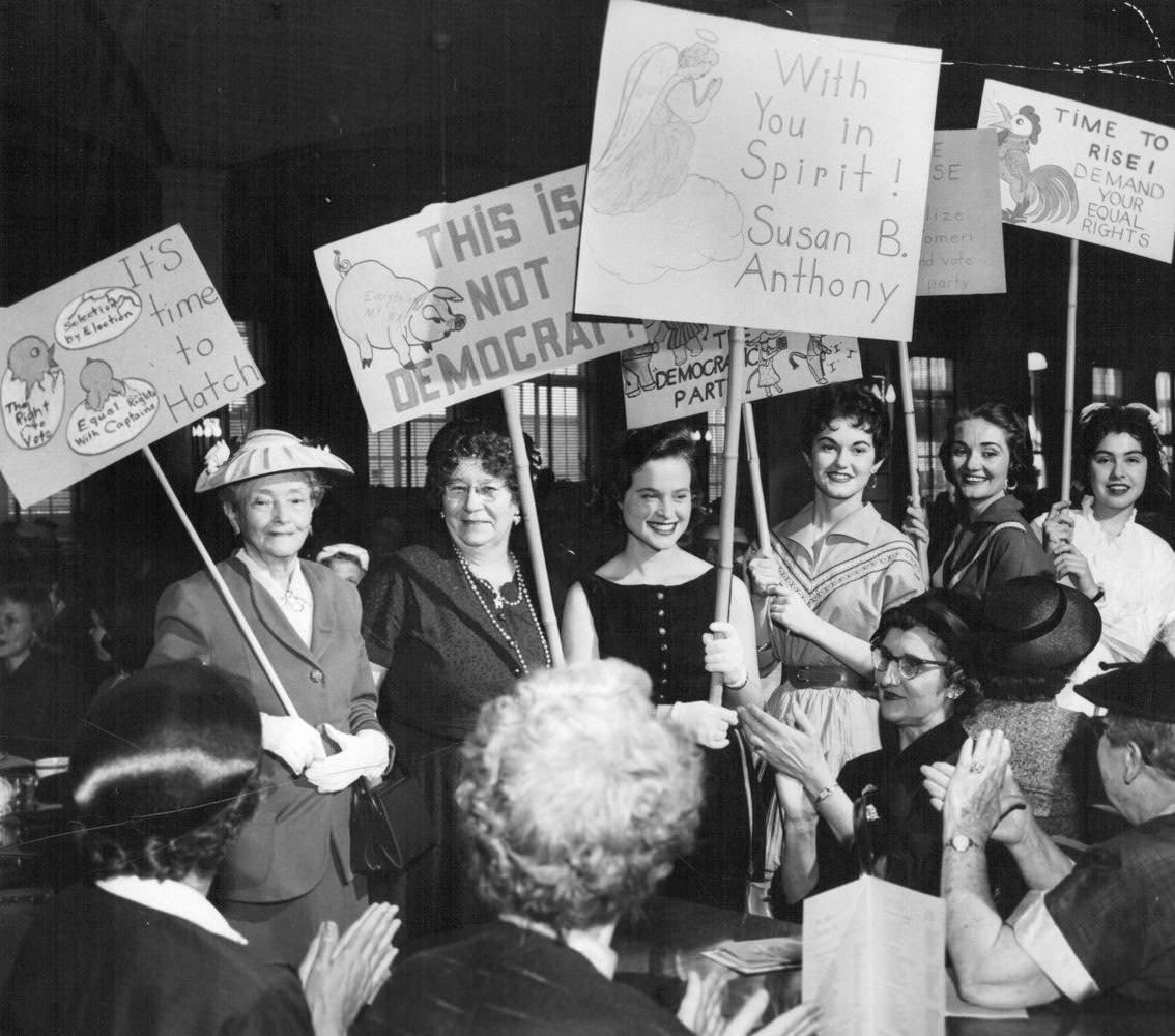 Colorado women protesting local political groups that did not allow women to vote on committee issues, 1957