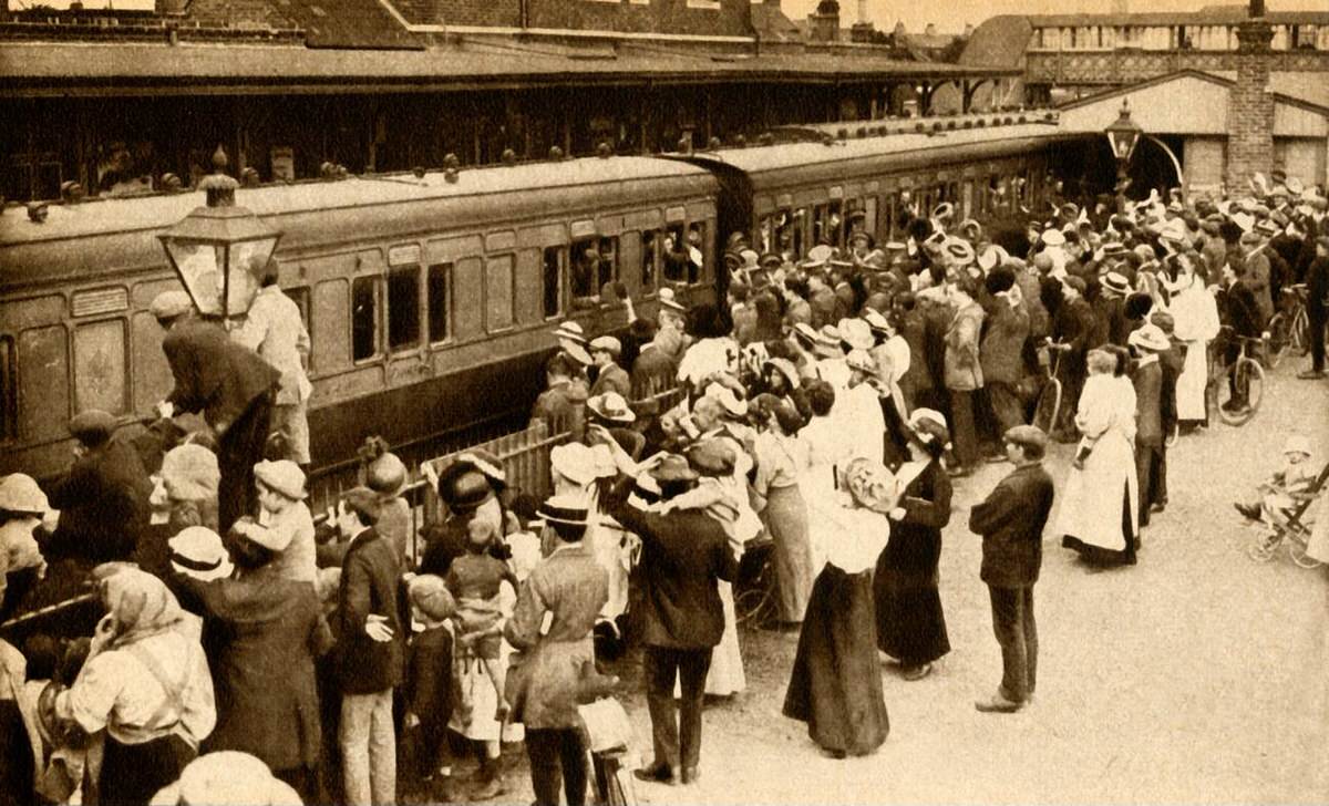 Train carrying troops from Hounslow to the Belgian front, 1914