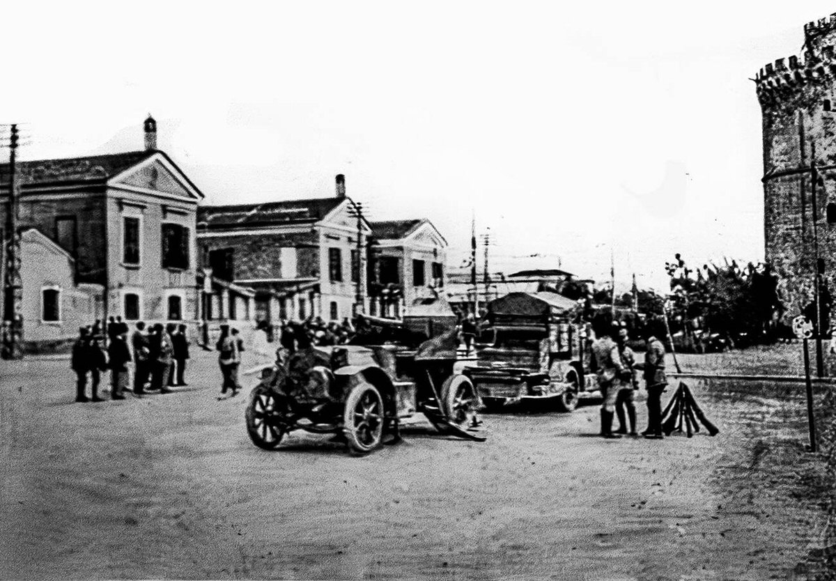 French armored car battery stationed near the White Tower of Salonica, 1916