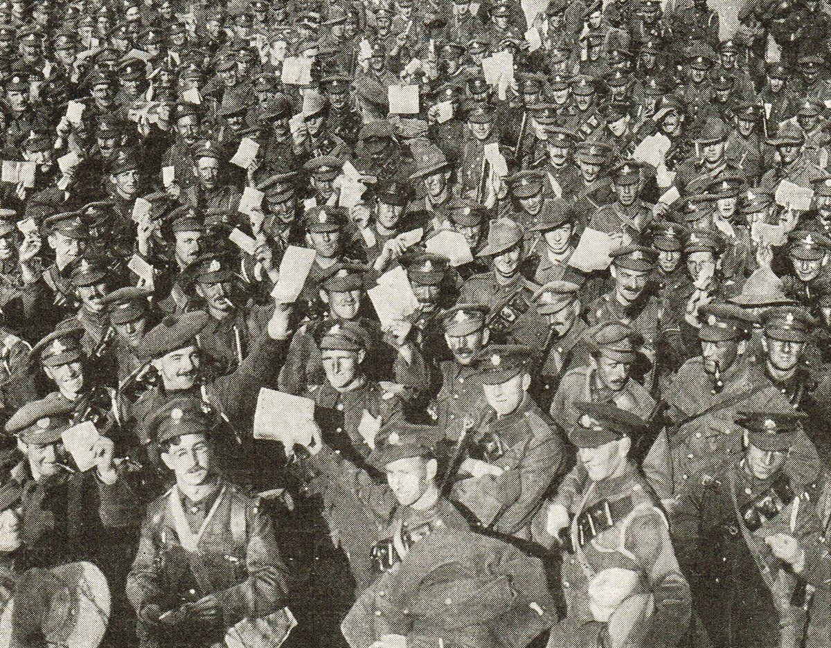 British soldiers waving their leave passes, 1917