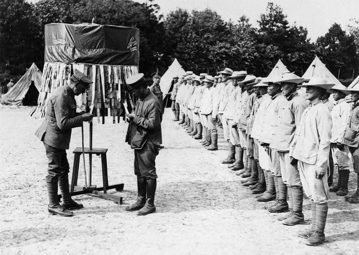 Chinese laborers at a roll call in France, 1914