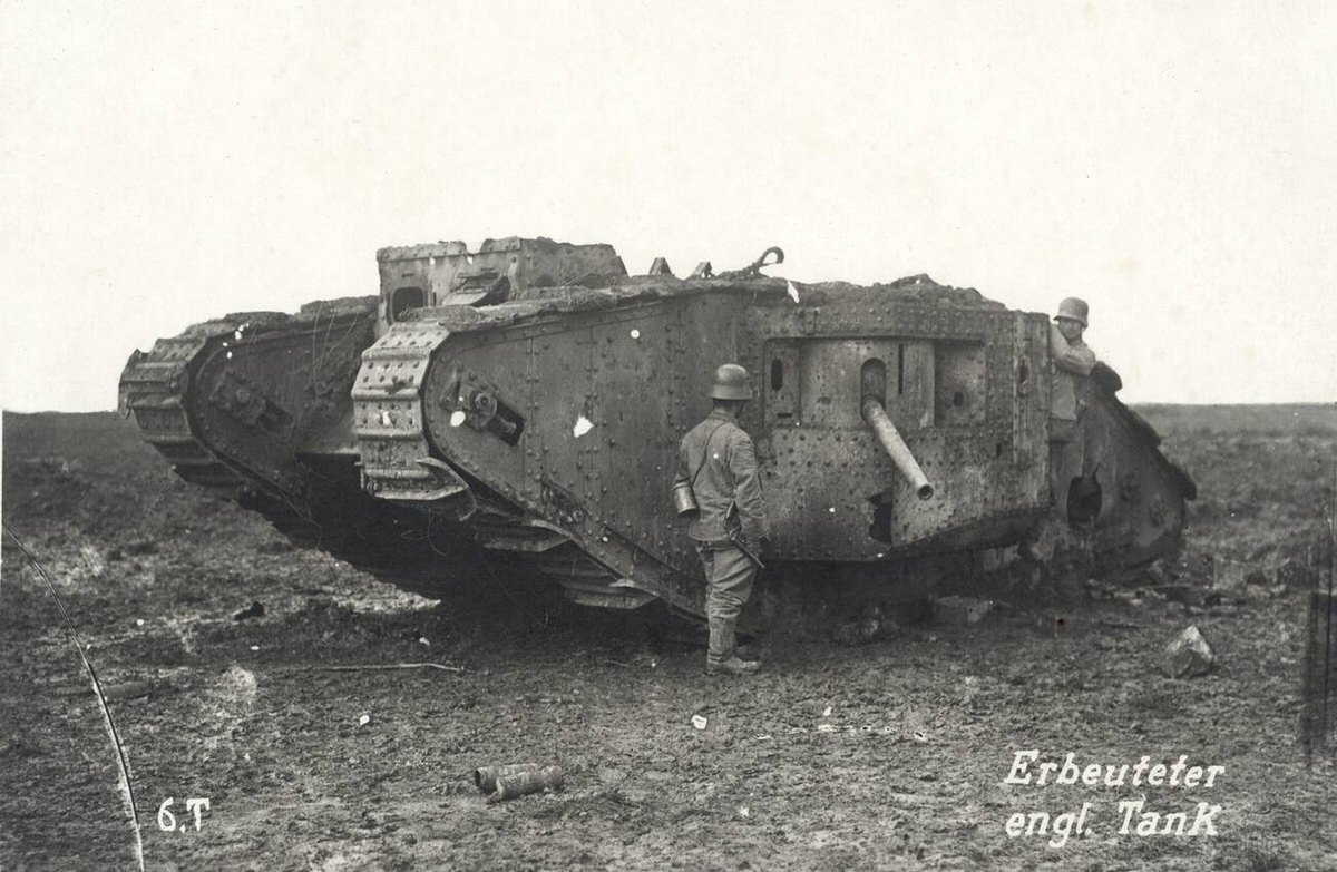 German soldiers with a captured British Mark tank, 1917