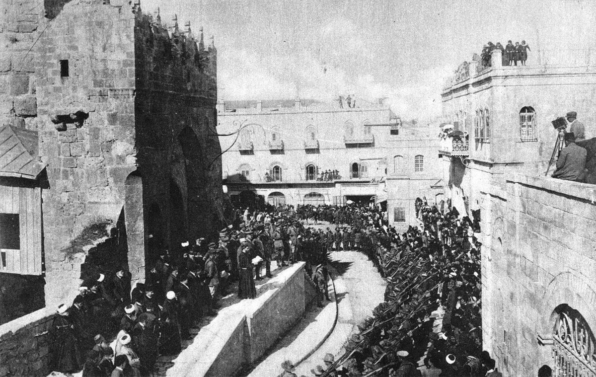 Reading of a proclamation at the Tower of David in Jerusalem after the Ottoman surrender, 1917