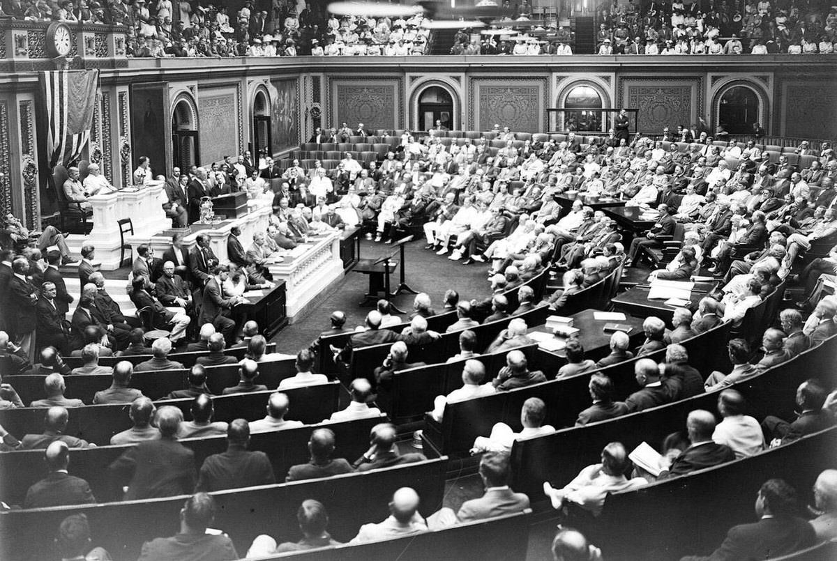 President Woodrow Wilson addressing Congress on foreign affairs, 1917
