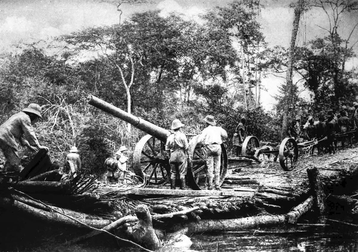 Ten 105mm quick-firing guns recovered from the wreck of the SMS Königsberg, 1914