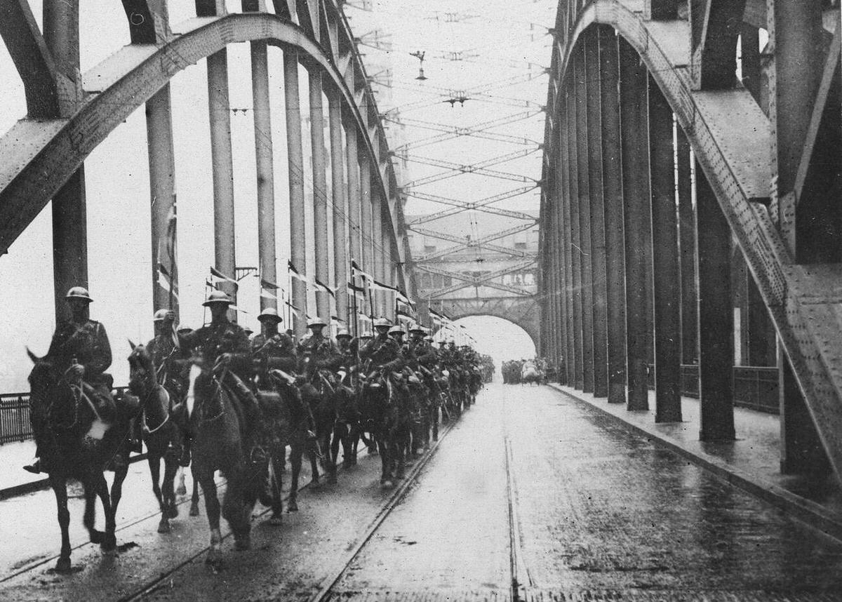 British Lancers crossing the Rhine bridge into Cologne, 1919