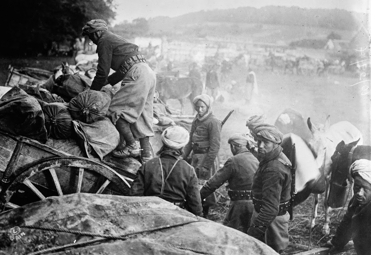 Convoy of Spahis North African light cavalry in Francport, France, 1914