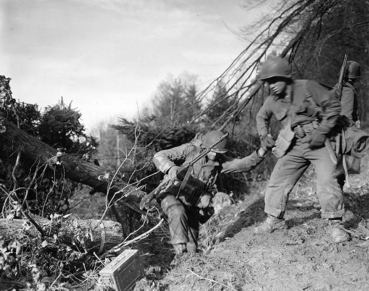 Pfc. Benny Barrow helping a buddy climb in the Hürtgen Forest during the Allied offensive, 1944