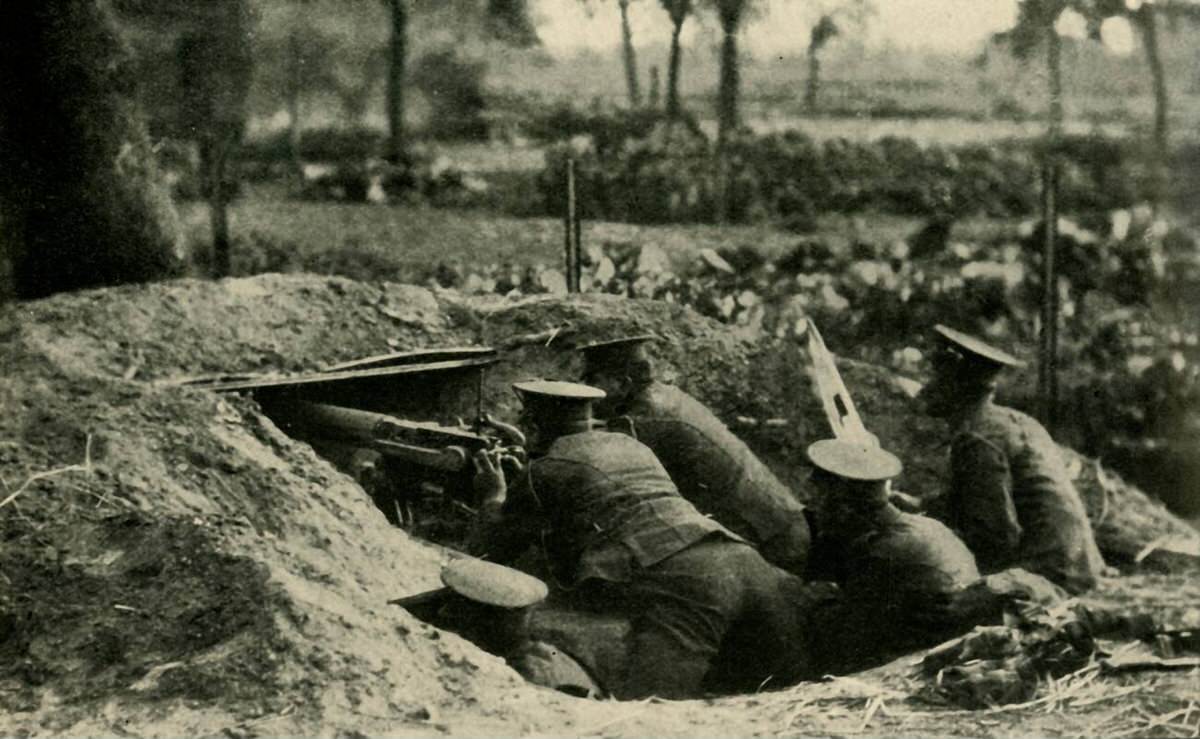 British Naval Division Maxim gun squad in action during the bombardment of Antwerp, 1914