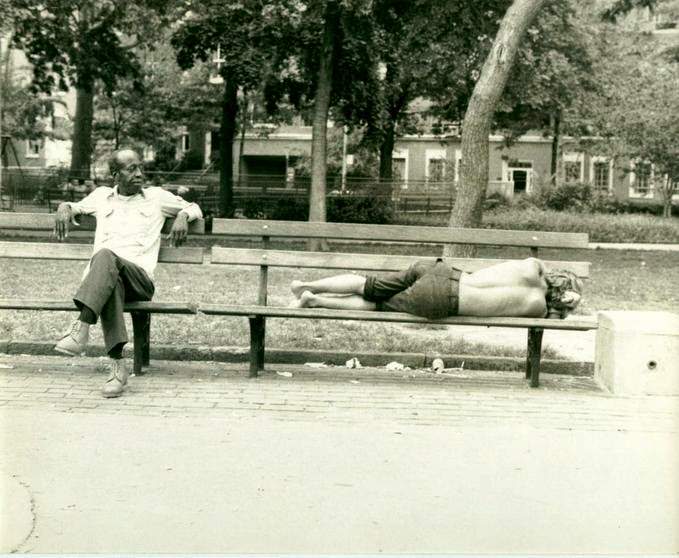 Two men on a bench in Washington Square Park, Greenwich Village, New York City, 1977