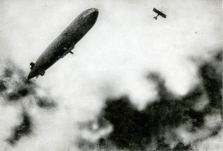 French airship under attack from a German plane, 1915