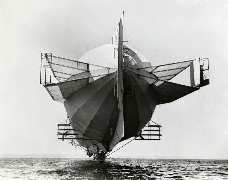 German airship LZ 4 equipped with stabilizers above the sea, 1908